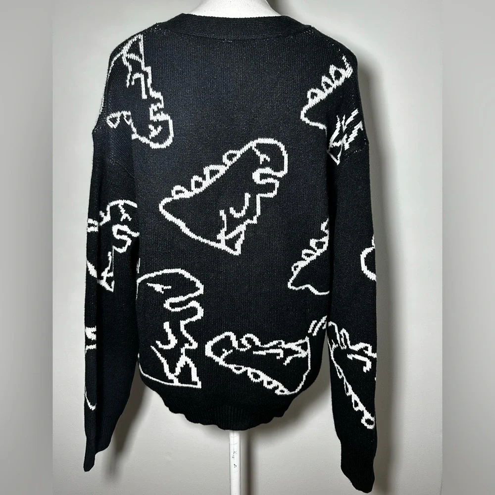 Cute Kawaii Cartoon Dinosaur Print Long Sleeve Loose Knitted Cardigan w Buttons - Picture 2 of 11